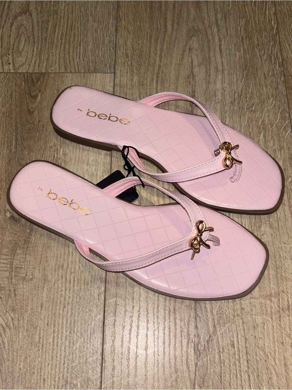 bebe Blush Pink Quilted Thong Sandals with Gold Bow